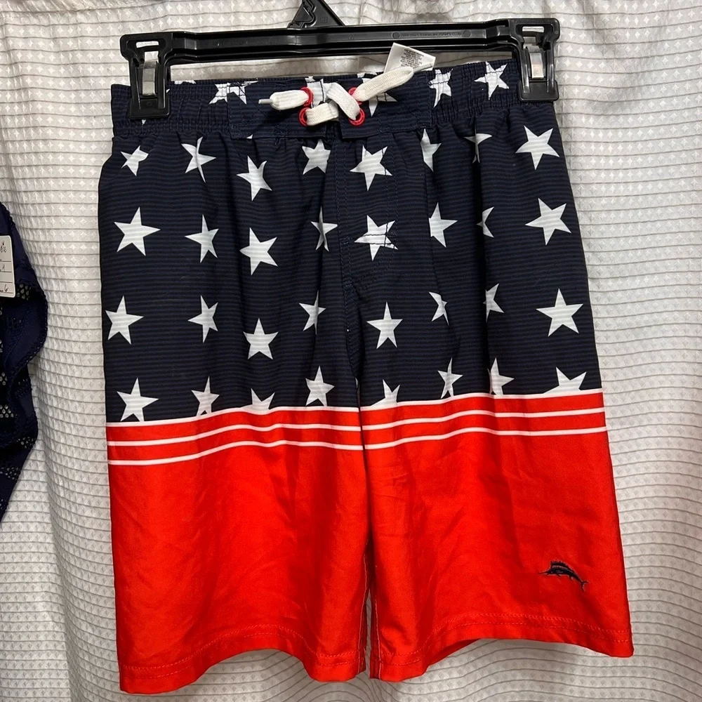 Tommy Bahama Boys Swim Shorts Trunks Red White Blue Pocket UV50 Sz 8